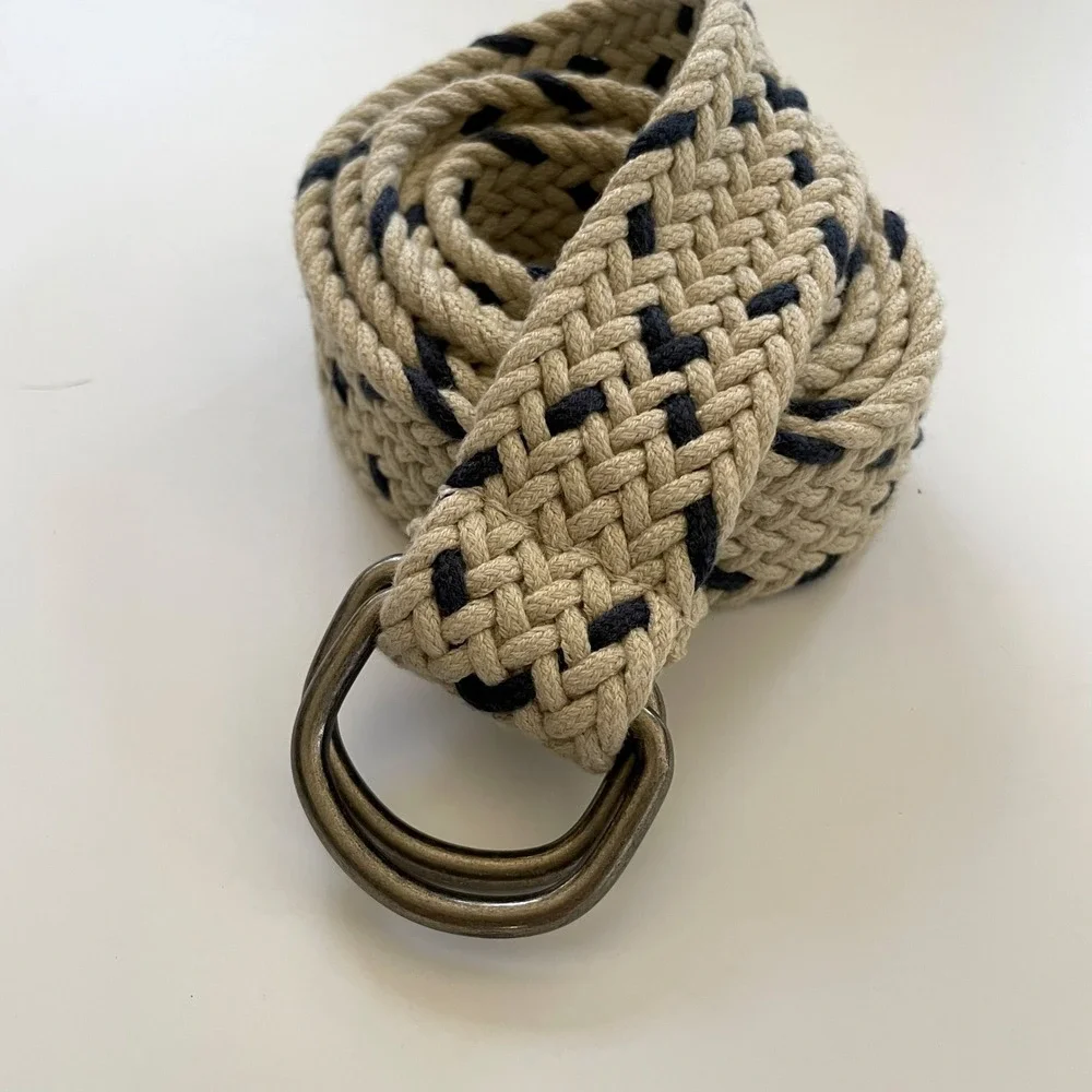 Woven Braided Rope Belt Cream Navy D-Ring Buckle Nautical Preppy Academia